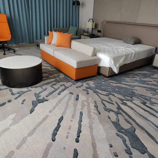 Patterned Axminster wool wall to wall carpet in bedroom