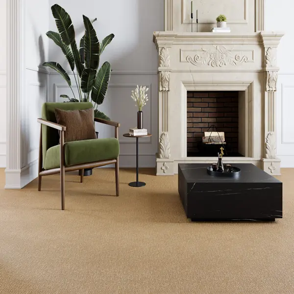 Beige carpet flooring in a classic living room with stone fireplace.