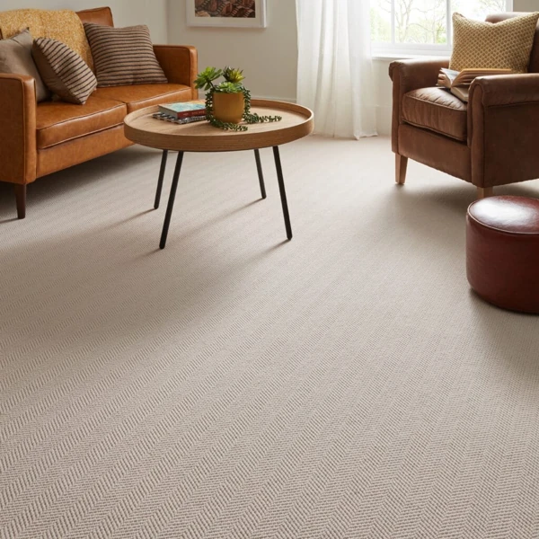 Cream herringbone Berber wool wall to wall carpet