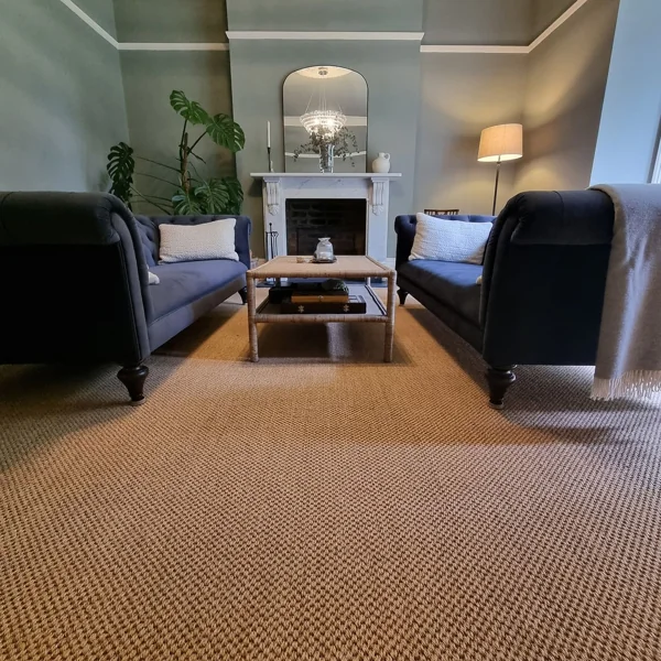 Neutral boucle sisal carpet flooring in living room
