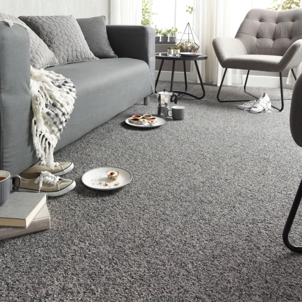 Grey plush wool wall to wall carpet in living room