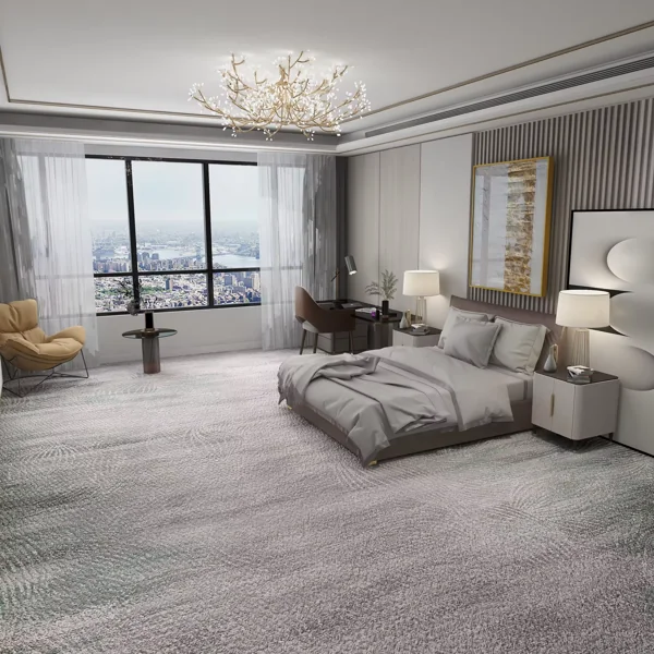 Light grey plush wool wall to wall carpet in hotel suite