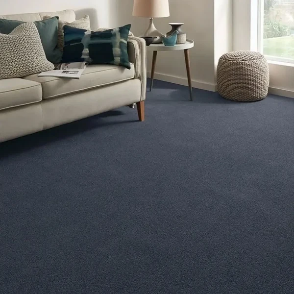 Navy blue wool wall to wall carpet in living room