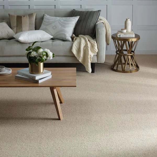 Neutral wool wall to wall carpet in cosy living room
