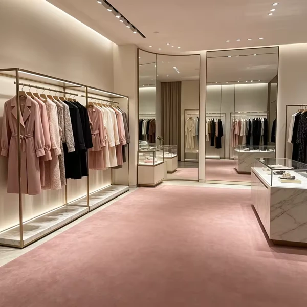 Pink wool wall to wall carpet in luxury clothing boutique