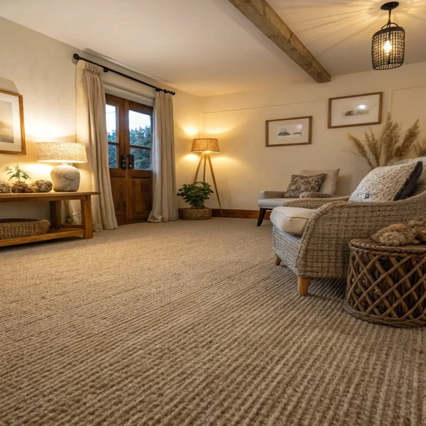 Ribbed jute wall to wall carpet in cosy living room