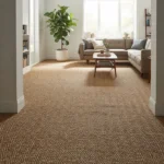 Textured brown sisal wall-to-wall carpet installed in a bright living room