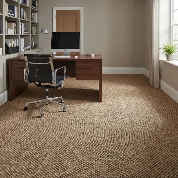 Textured natural jute carpet flooring installed in a home office